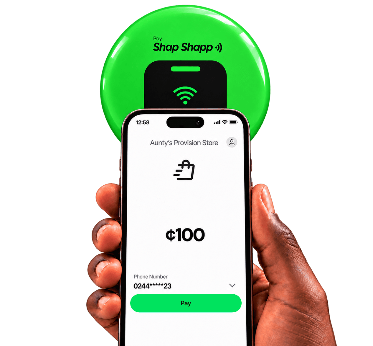 Hand holding a phone paying ₵100 at Aunty's Provision Store with a Shap Shapp reader