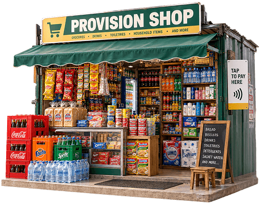 A provision shop with a tap to pay sign
