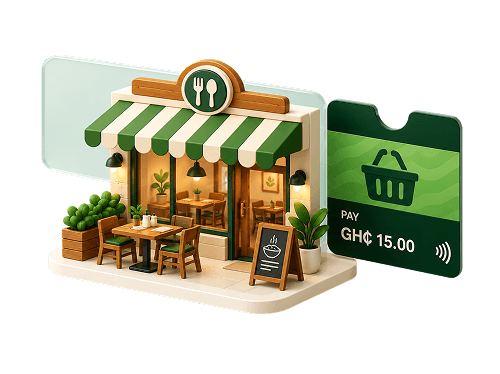 A restaurant with a Shap Dot payment card showing GH₵ 15.00