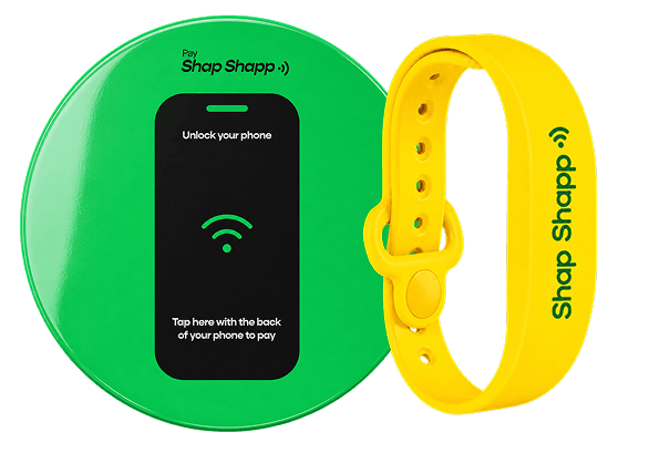 Green Shap Kits puck beside a yellow Shap Shapp band